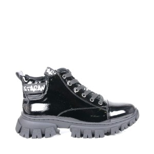 DAMSKIE BOTKI NA TRAPERZE BUTY SPORTOWE OCIEPLANE SERGIO LEONE BT742 CZARNE LAKIEROWANE