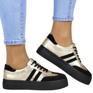 TRAMPKI DAMSKIE SNEAKERSY SKÓRZANE NA PLATFORMIE FILIPPO 6841 ZŁOTE CZARNE