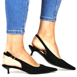 CZÓŁENKA BEZ PIĘTY NA NISKIEJ SZPILCE C&L FASHION BE-755 CZARNE ZAMSZOWE